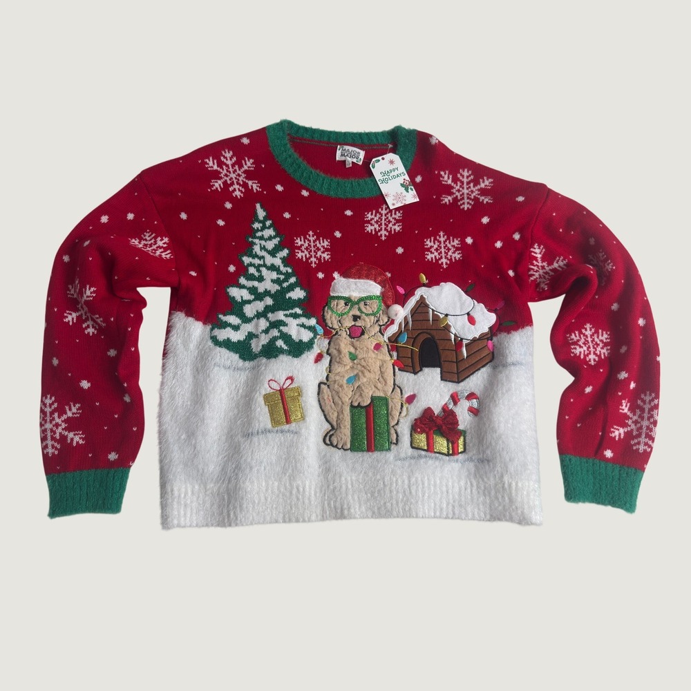 Ugly Sweater Christmas Sweater Golden Retriever Puppy Red White Large NWT